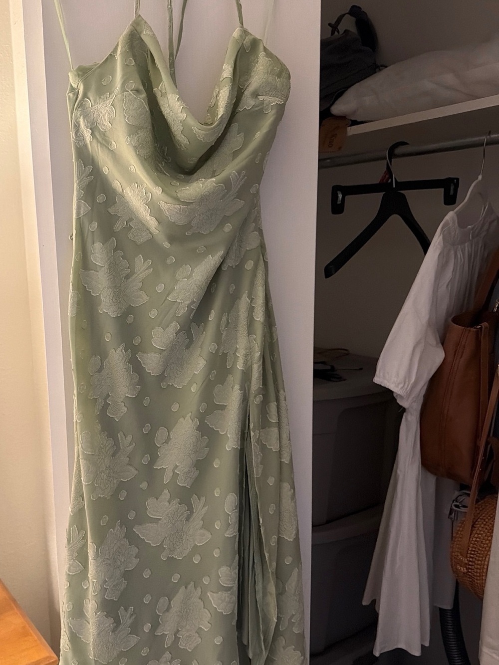 Fortunate One Sage Green Jacquard Floral Cowl Neck Midi Dress - Size S